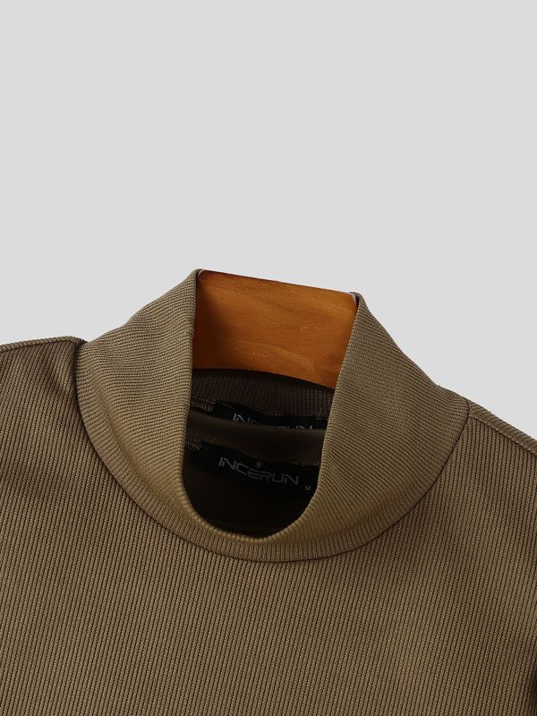 Men's Avant-Garde Buckle Strap Cape Overlay Asymmetric Hem Long Sleeve Mock Neck T-shirt SKUL82399