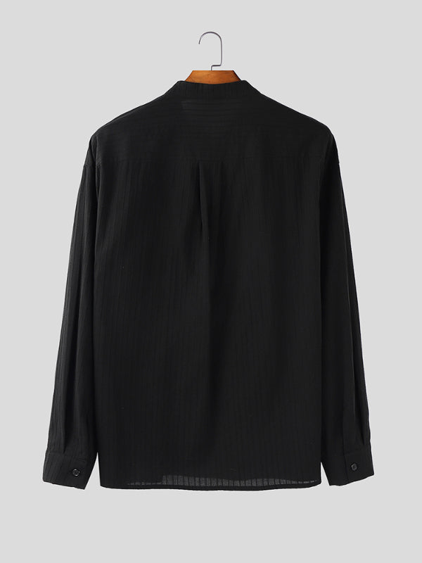 Men's Solid Color Textured Striped Long Sleeve Shirt SKUL31705