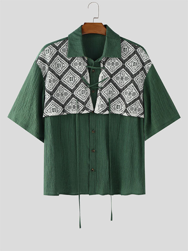 Mens Lace Patchwork Casual Short Sleeve Shirt SKUL21528