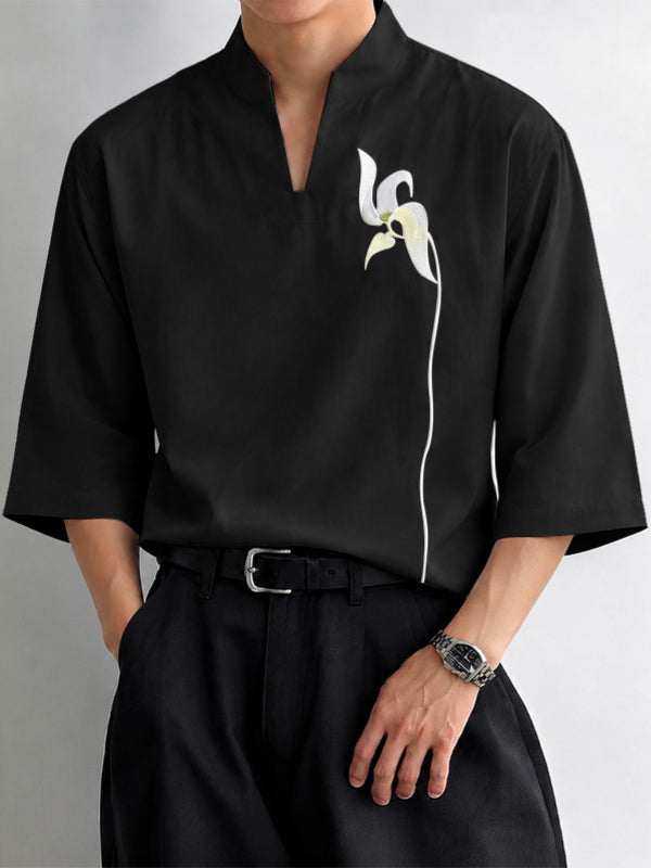 [Pre-order] Men's Neo-Chinese Chic Tea Gathering Botanical Branch Half Sleeve Shirt SKUL88415
