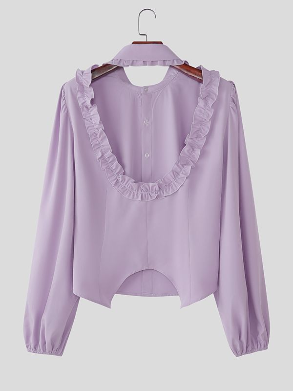 Men's Ruffle Patchwork Open Back Long Sleeve Shirt SKUL41298