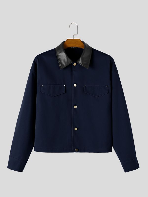 Men's Retro Workwear Daily Commute Contrast Leather Collar Flap Pocket Cropped Jacket SKUL84769