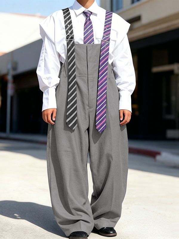 [Fabric Upgrade] Men's Avant-Garde High Waist Necktie Suspender Strap Baggy Wide Leg Overall SKUL68644