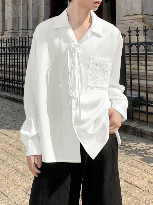 Men's Satin Embroidered Drawstring Loose Long Sleeve Shirt SKUL36381