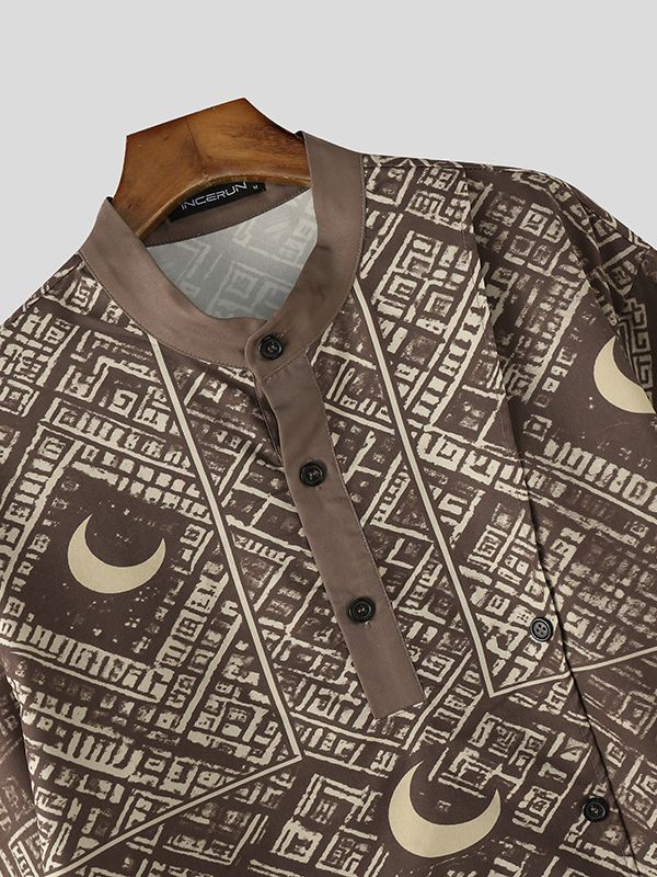 Men's Crescent Moon Geometric Print Asymmetric Placket Short Sleeve Shirt SKUL61012