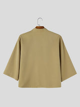 Men's Neo-Chinese Chic Tea Gathering Contrast Frog Button V-Neck Cropped Shirt SKUL86017