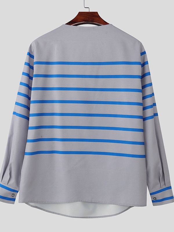 Men's Striped Print Off Shoulder Long Sleeve Shirt SKUL48583