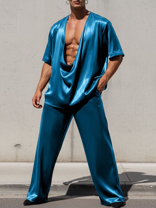 Men's Satin-like Deep V Draped Neck Two Pieces Outfit SKUL55429