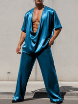 Men's Satin-like Deep V Draped Neck Two Pieces Outfit SKUL55429