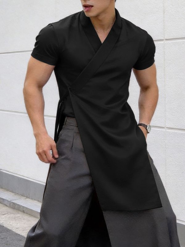 Men's Solid Color Tie Short Sleeve Cardigan SKUL60272