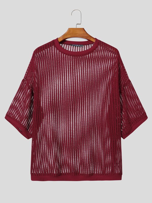 Men's Knit Hollow Out Loose Half Sleeve T-shirt SKUL54593