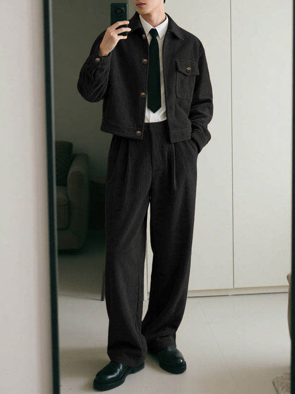 Men's Solid Color Corduroy Casual Two Pieces Outfit SKUL25720