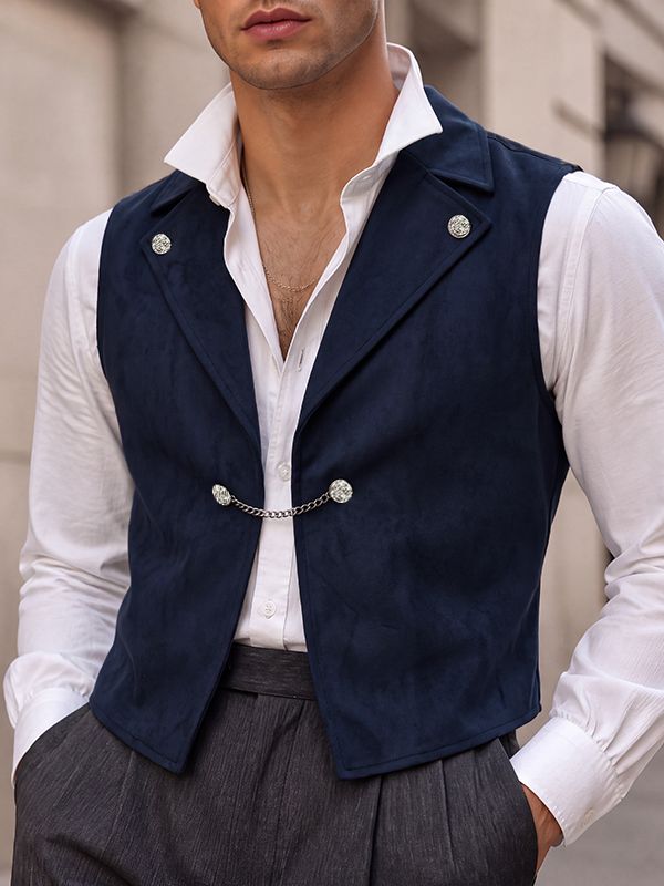 Men's Retro Quiet Luxury Cocktail Party Faux Suede Metal Chain Link Sleeveless Lapel Collar Waistcoat SKUL83165