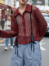 Men's Sheer Fine Mesh Contrast Trim Lace Up Long Sleeve Shirt SKUL48012