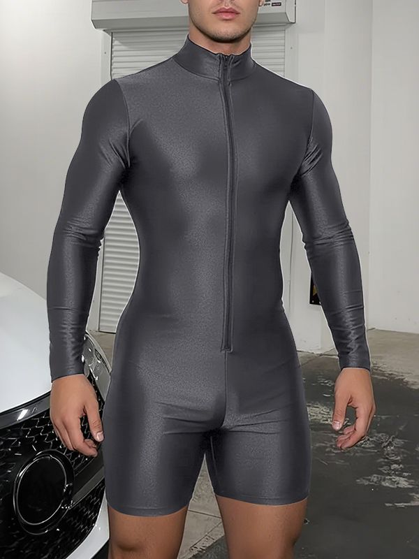 Men's Solid Color Glossy Half High Neck Long Sleeve Bodysuit SKUL37303