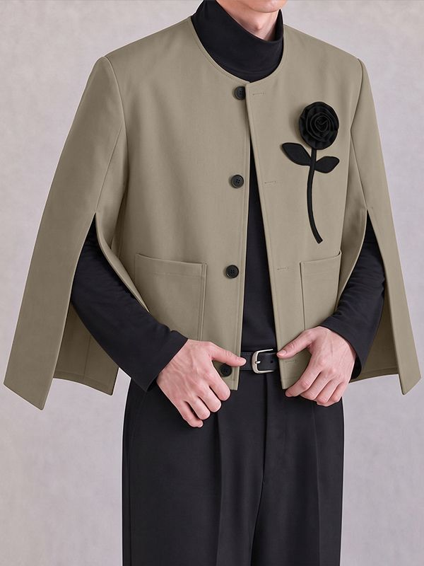 Men's Avant-Garde Chic Evening Gala 3D Rose Flower Slit Cape Sleeve Collarless Blazer SKUL86007