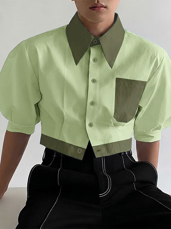 Men's High Street Party Color Block Cropped Puff Short Sleeve Shirt SKUL75730