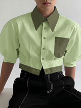 Men's High Street Party Color Block Cropped Puff Short Sleeve Shirt SKUL75730
