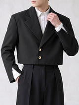 Men's Smart Chic Evening Gala Wide Lapel Gold Button Slit Cuff Cropped Blazer SKUL85521