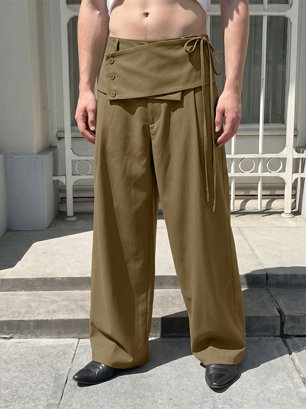 Men's Avant-Garde Asymmetrical Fold-Over Button Tie Waist Wide Leg Pant SKUL71412