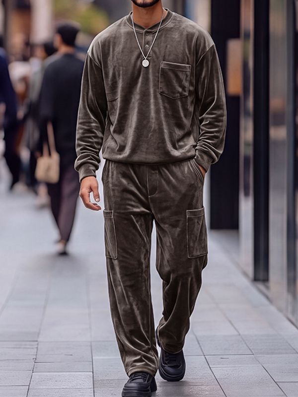 Men's Quiet Luxury Early Autumn Shimmering Velvet Henley Neck Cargo Pocket Two Pieces Outfit SKUL81067