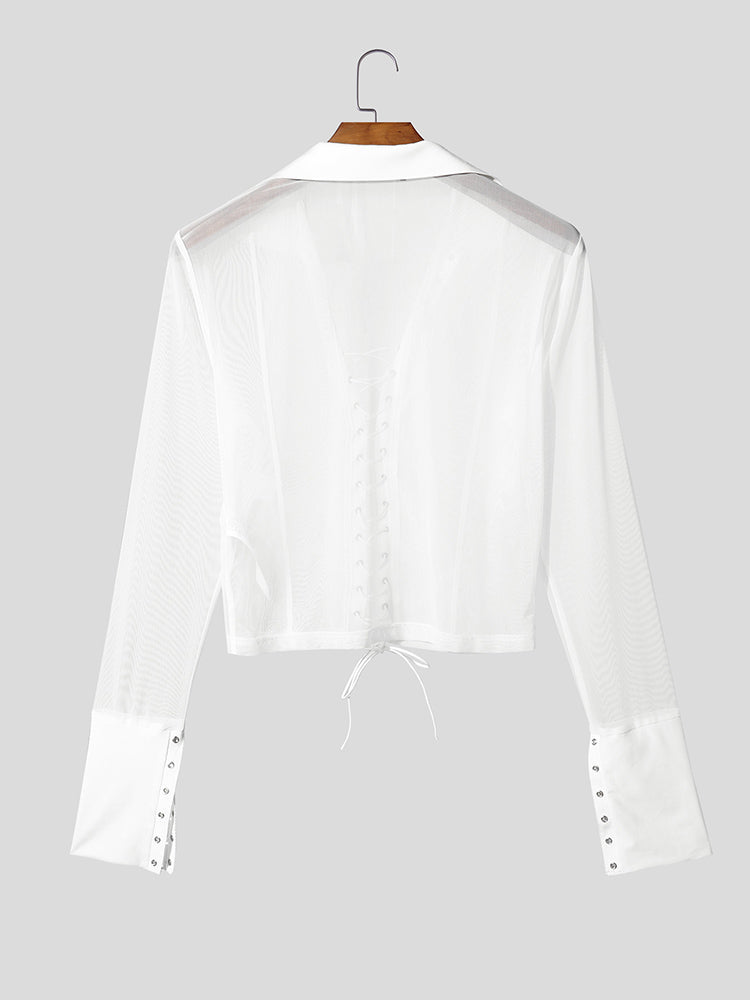 Men's Sheer Mesh Drawstring Eyelet Cropped Long Sleeve T-shirt SKUL45419