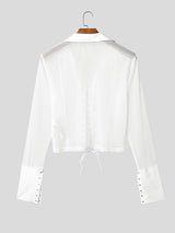 Men's Sheer Mesh Drawstring Eyelet Cropped Long Sleeve T-shirt SKUL45419