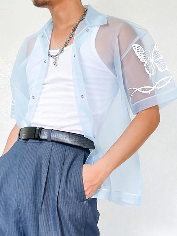 Mens Butterfly Print Mesh Sheer Short Sleeve Shirt SKUL08501