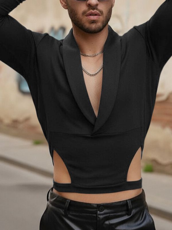 Men's Waist Cutout V Neck Long Sleeve T-shirt SKUL45203