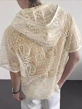 Men's Sheer Lace Hooded Short Sleeve Shirt SKUL26995