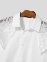 Men's Avant-Garde Floral Lace Overlay Cape-Collar Short Sleeve Button-Down Shirt SKUL61666