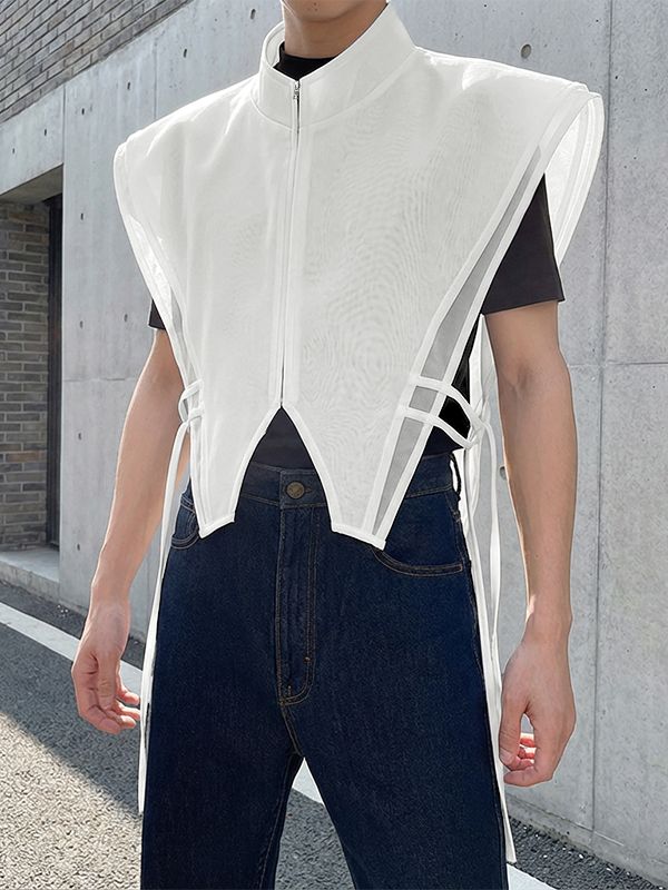 Men's Asymmetric Cutout Strap Stand Collar Cropped Waistcoat SKUL54771