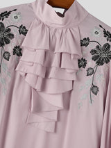 Men's Retro Party Cascading Ruffle Jabot Floral Embroidery Long Sleeve High Neck Shirt SKUL81113