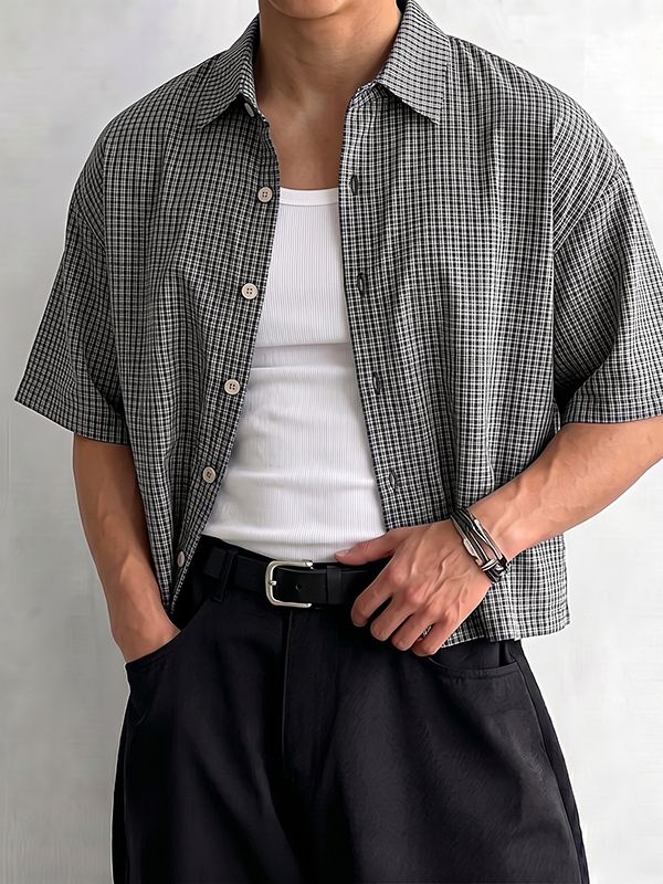 Men's High Street Casual Plaid Boxy Cropped Short Sleeve Shirt SKUL74586