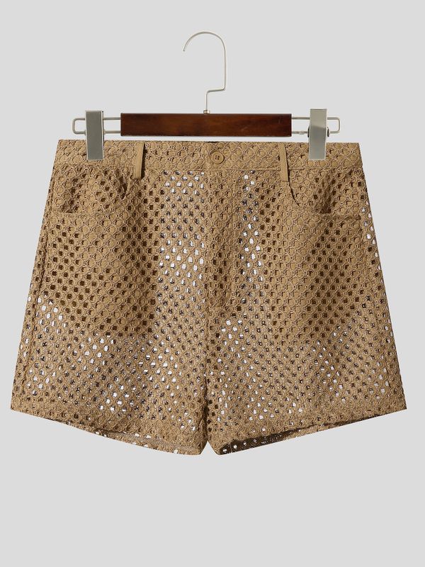 Men's Avant-Garde Crochet Open-Knit Slim Cropped Booty Denim-Style Short SKUL71351