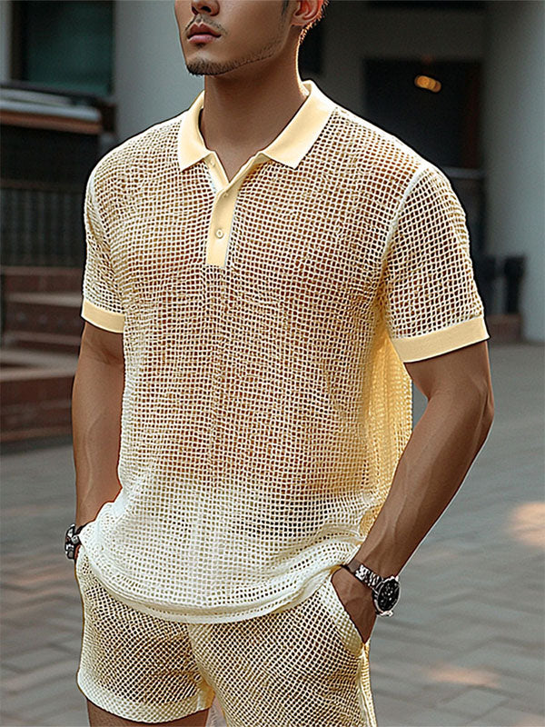 Mens Hollow Mesh Short-Sleeve Two Pieces Outfit SKUL04244