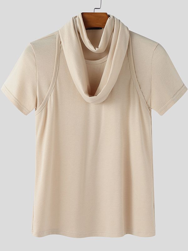 Men's Solid Color Knit Neck Warmer Short Sleeve T-shirt SKUL45176