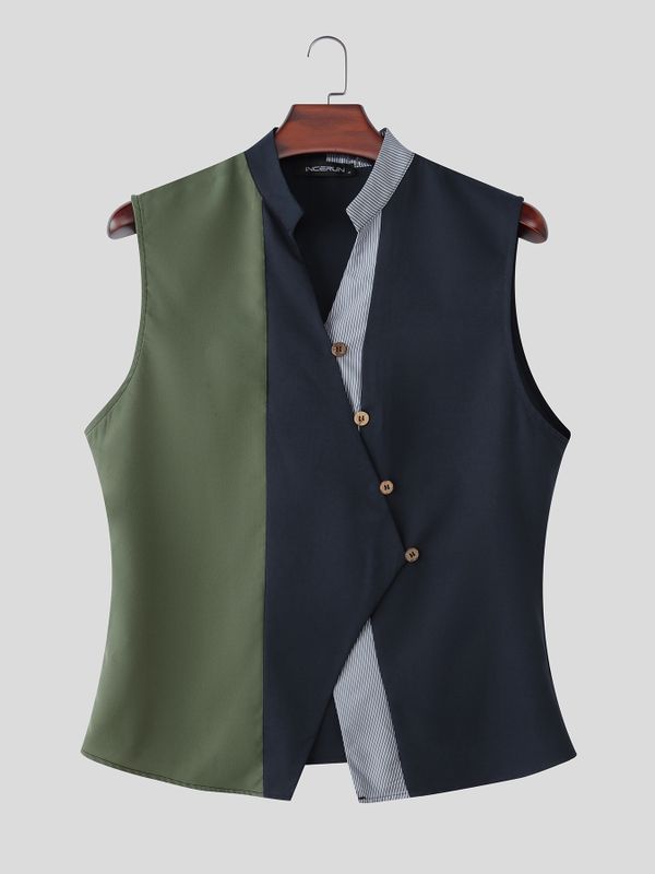 Men's Avant-Garde Color Block Asymmetrical Diagonal Button Stand Collar Tank SKUL75612