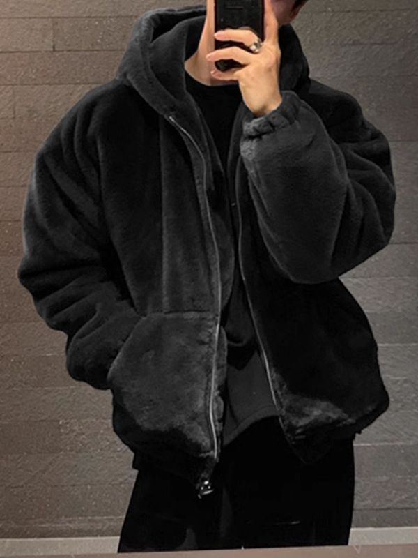 Men's Faux Fleece Loose Long Sleeve Zip-Up Hoodie SKUL37706