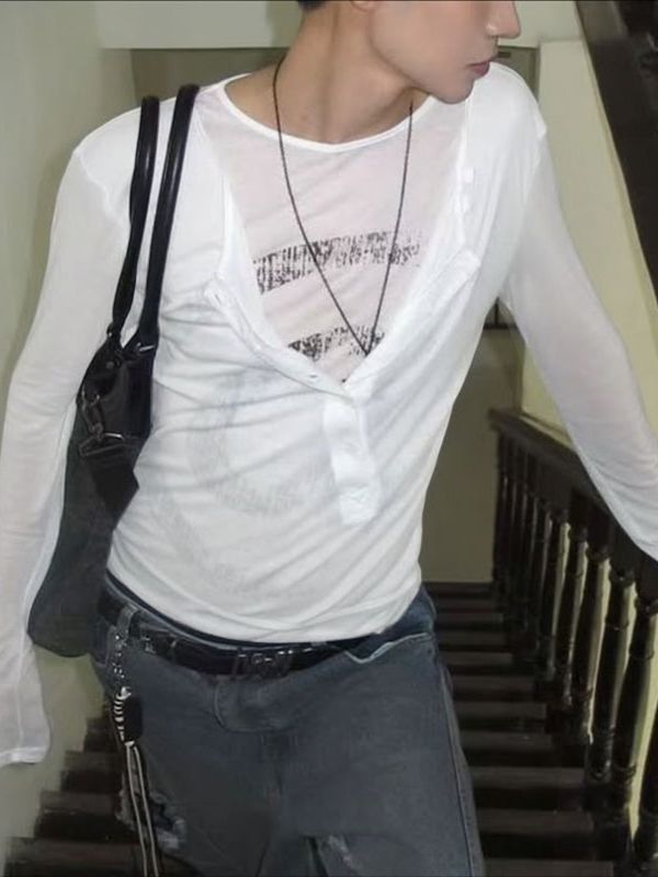 Men's Faux Two Piece Sheer Henley Neck Long Sleeve T-shirt SKUL41302