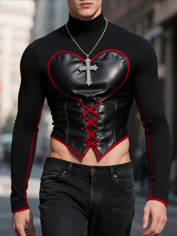 Men's Heart Color Block Drawstring Cropped Long Sleeve T Shirt SKUL30338