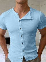 Men's Solid Color Asymmetric Placket Textured Button Short Sleeve T-shirt SKUL59951