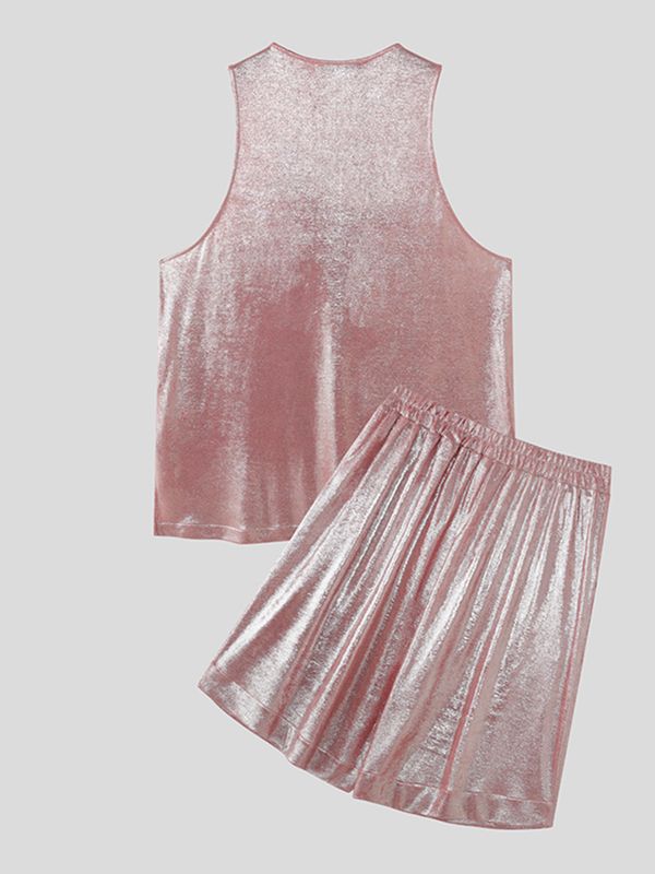 Men's Summer Vacation Metallic Shiny Ice Silk Loose Casual Two Pieces Outfit SKUL54589