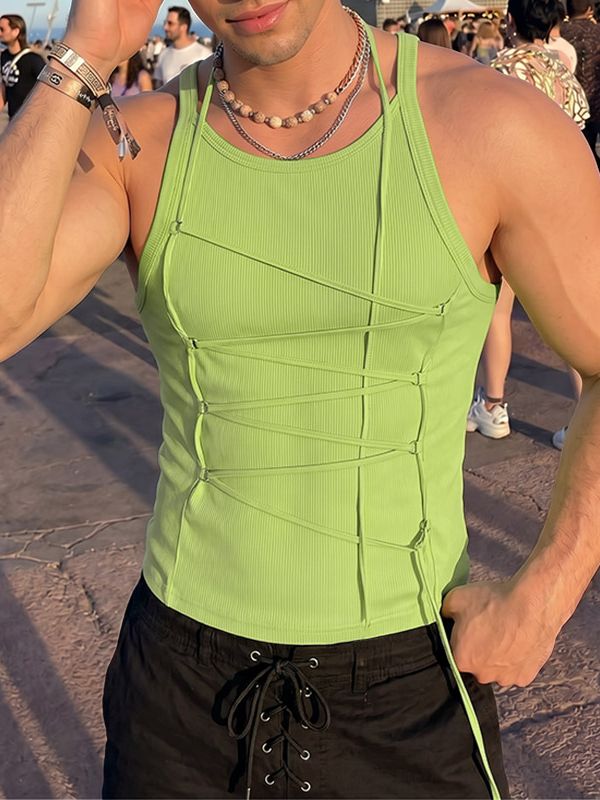 Men's Avant Garde Festival Lace Up Ribbed Scoop Neck Slim Fit Tank SKUL71421