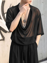 Men's Avant-Garde Romantic Deep Cowl Neck Sheer Mesh Loose Short Sleeve T-shirt SKUL69688