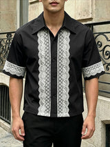 Men's Vintage Casual Floral Lace Patchwork Camp Collar Short Sleeve Shirt SKUL65999