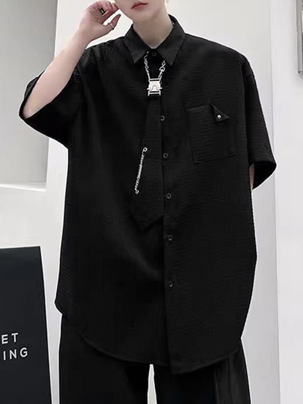 Men's Detachable Tie Textured Half Sleeve Shirt SKUL38896