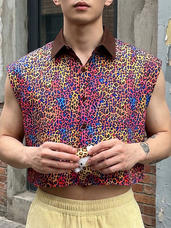 Men's Leopard Print Cropped Sleeveless Shirt SKUL56147