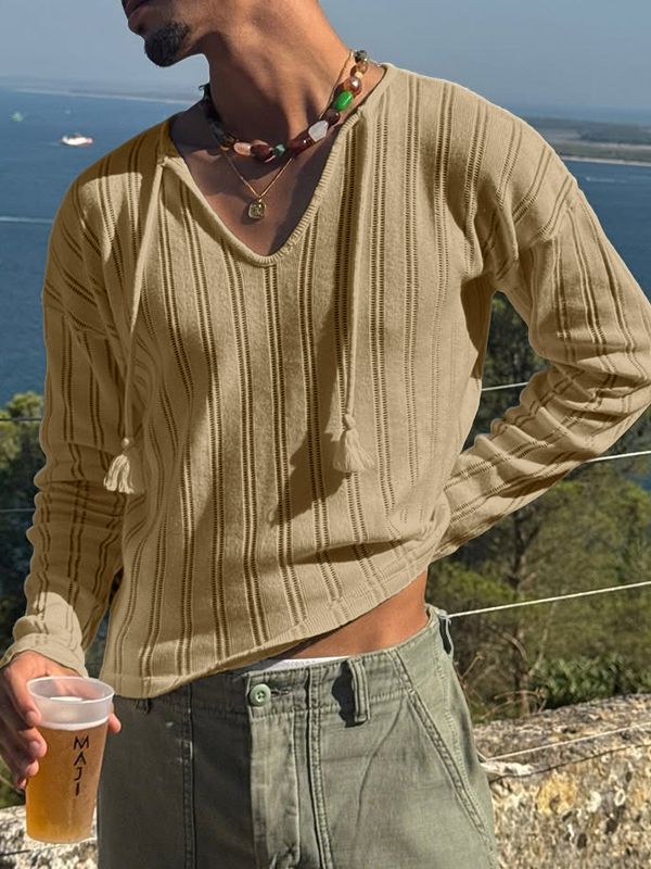 Men's Solid Color Textured Long Sleeve T-shirt SKUL50897