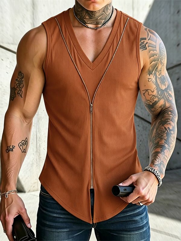 Men's Avant-Garde Ribbed V-Neck Full-Length Zipper Tank SKUL61920